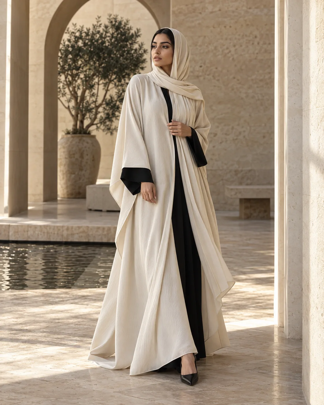 Model wearing a flowing cream and black look in a limestone courtyard
