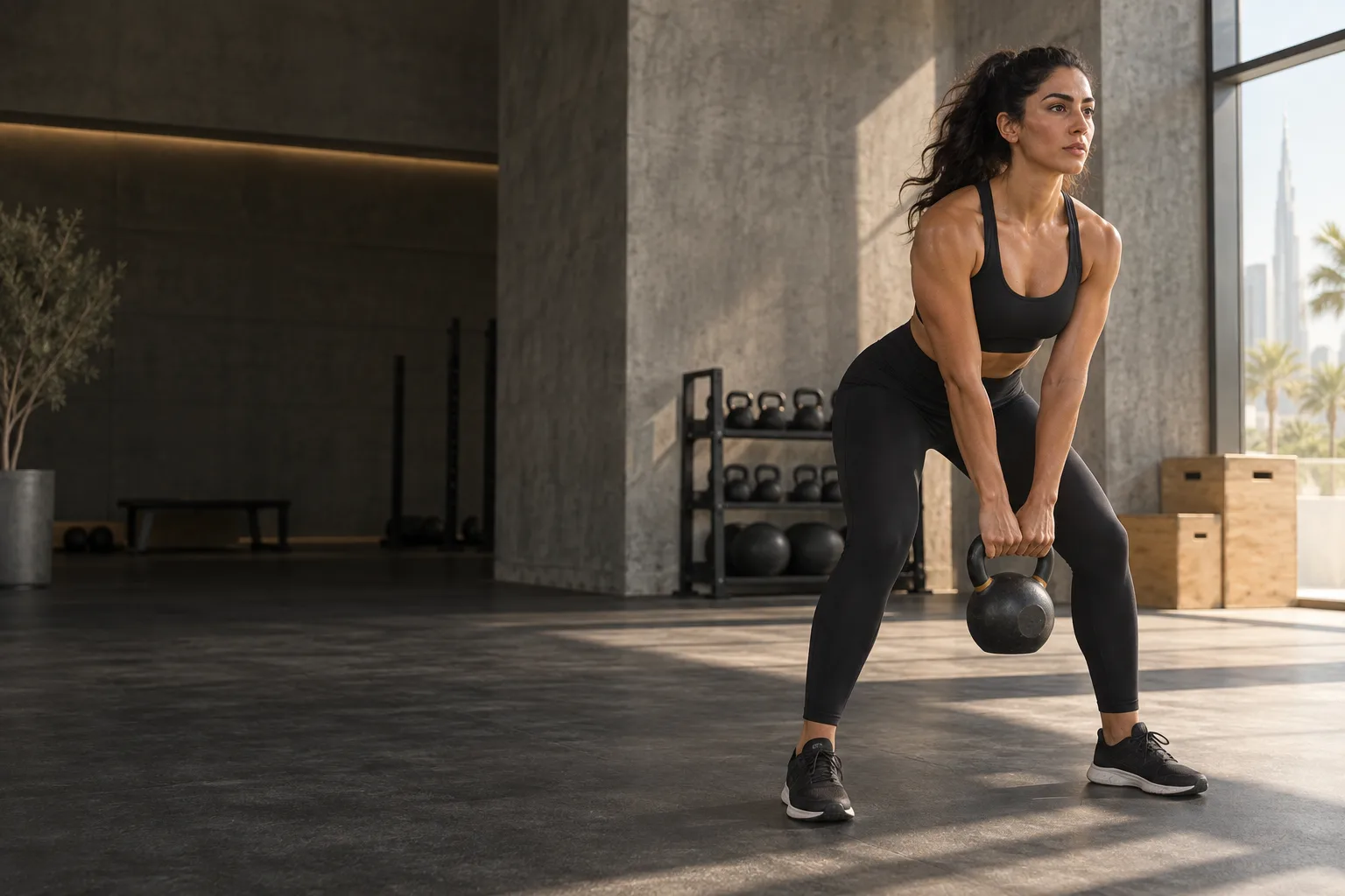 Athlete training with a kettlebell in a contemporary studio