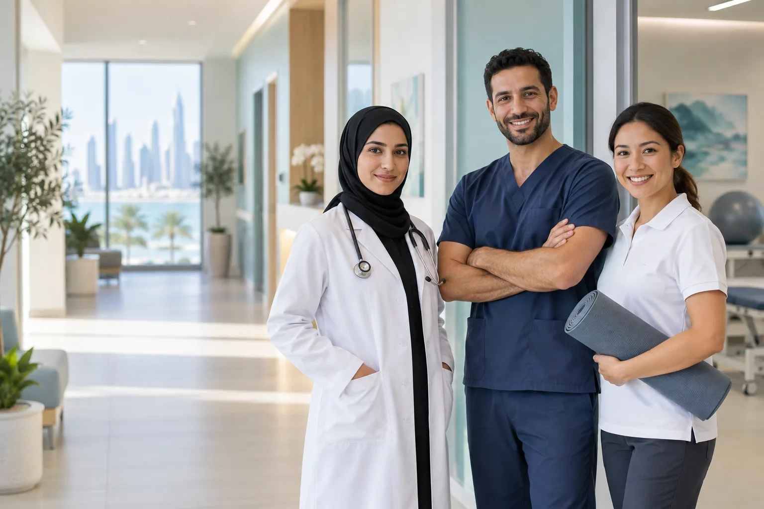 Three healthcare professionals in a bright outpatient clinic