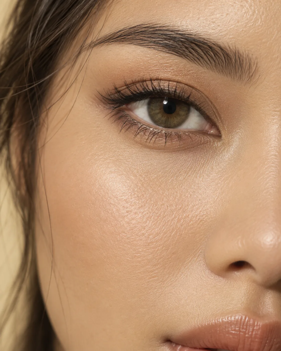 Close-up editorial photograph of an olive-toned eye