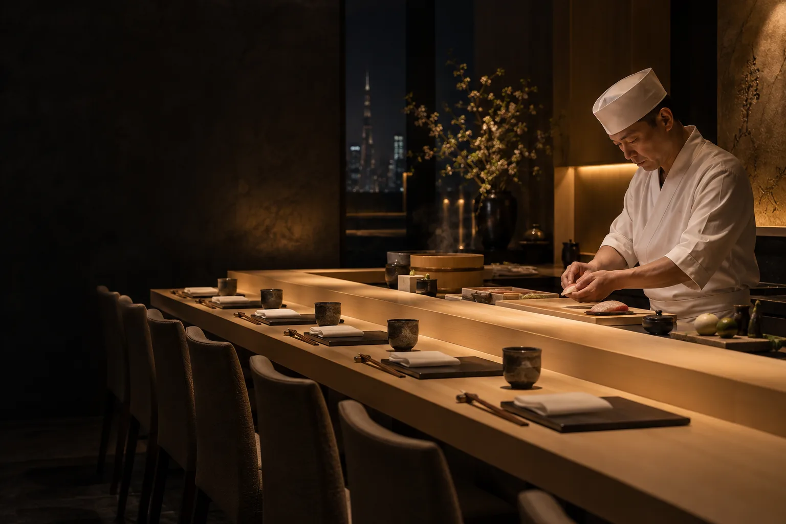 Chef preparing nigiri at an intimate wood sushi counter