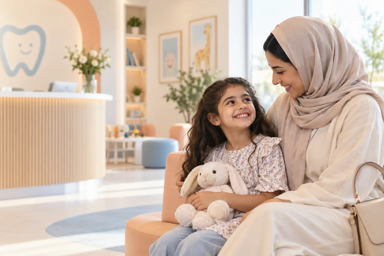Mother and child smiling together in a welcoming dental reception